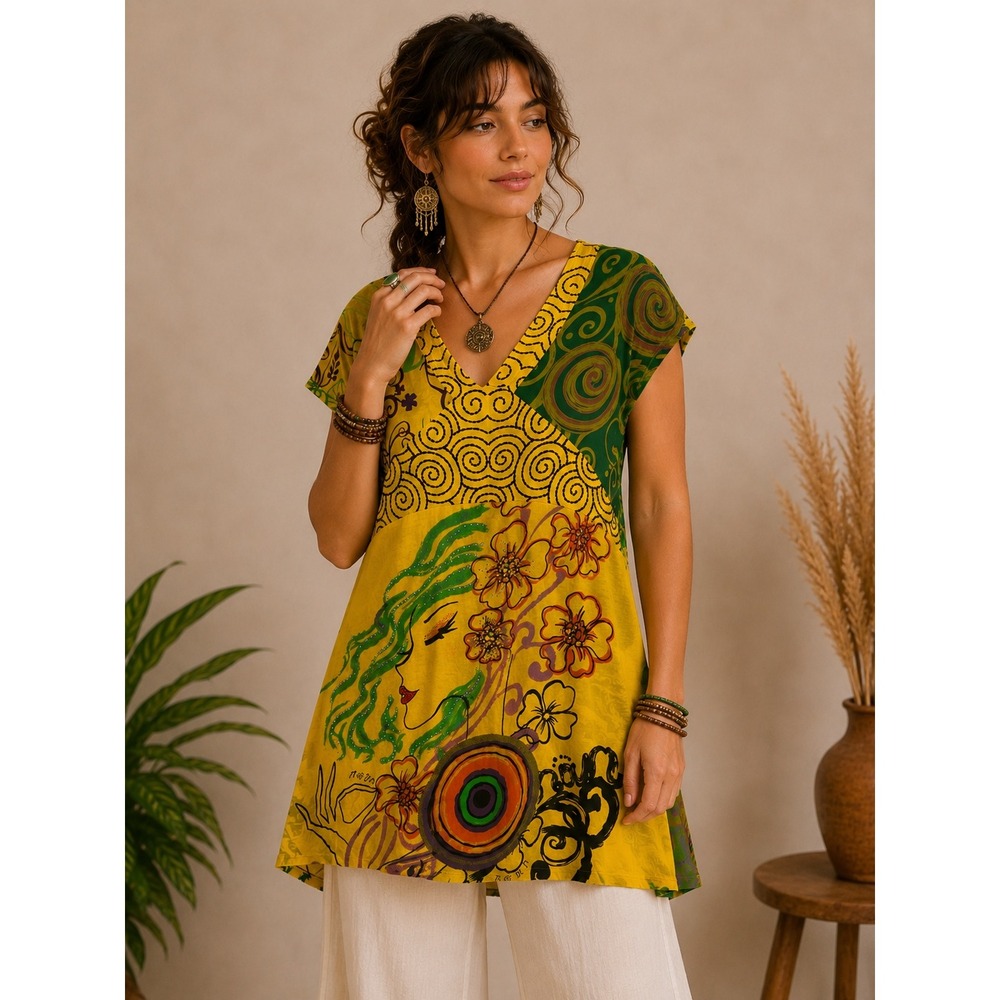Adore Artsy Embellished Tunic Top Boho Y2K Whimsigoth Yellow Green Cotton Small